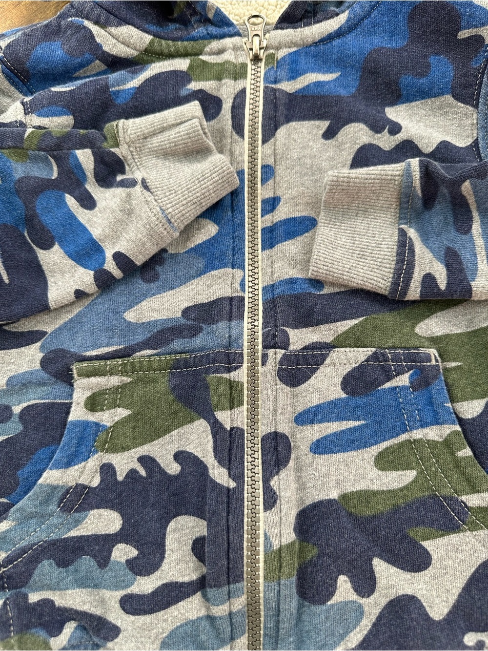 Hanna Andersson Blue Camouflage Supercozy Faux Shearling Lined Zip Hoodie, 4 - Picture 9 of 12